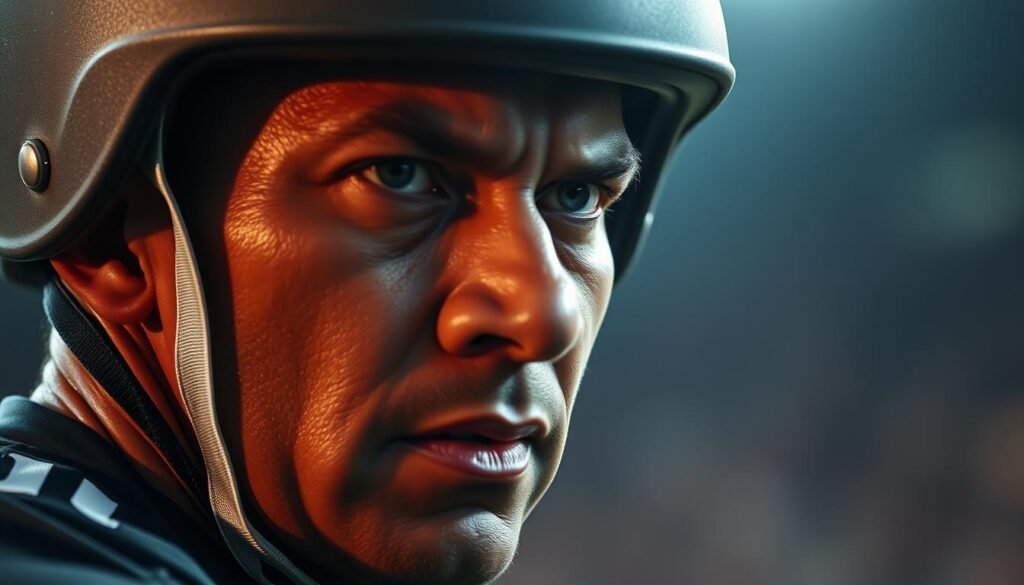 A close-up portrait of a former Indonesian national team goalkeeper, captured in a moment of intensity and determination. The player's face is framed by a helmet, his expression intense as he surveys the field. The lighting is dramatic, creating sharp contrasts and shadows that accentuate the player's rugged features. The background is blurred, keeping the focus on the goalkeeper's face and the physicality of the sport. The image conveys the gritty, aggressive nature of Indonesian football, hinting at the "ganas" or fierceness that was mentioned in the article's subtitle.