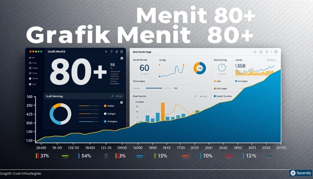 A detailed, data-driven infographic depicting the "Grafik Menit 80+" with a striking visual style. In the foreground, a bold line graph illustrates the surge in goal-scoring frequency after the 80th minute, rendered in a sleek, minimalist aesthetic with clean typography. The middle ground showcases a sophisticated dashboard, presenting key statistics and insights through intuitive data visualizations. The background features a subtle, textured gradient, lending a sense of depth and professionalism to the overall composition. The lighting is soft and even, highlighting the clarity and precision of the information displayed. The camera angle is slightly elevated, giving the viewer a comprehensive overview of the data-driven graphics. The overall mood is authoritative, data-driven, and visually impactful, befitting the subject matter.