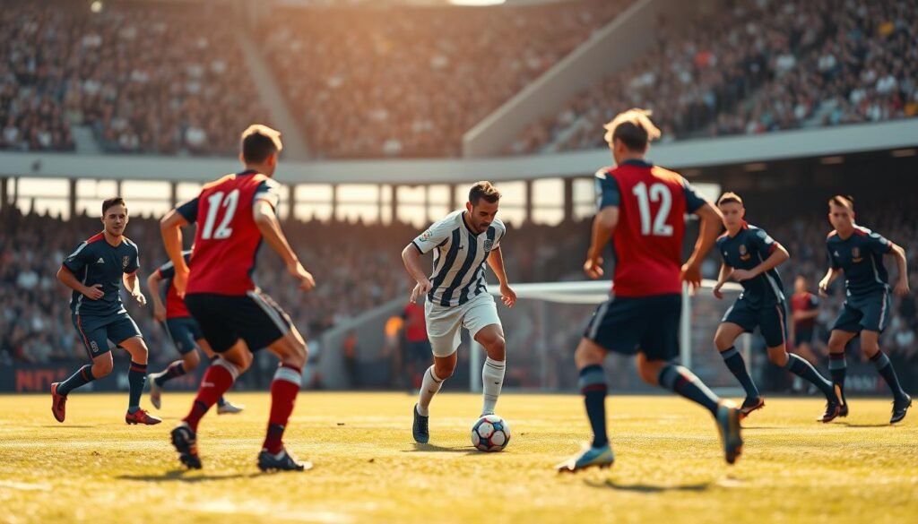 A detailed soccer match scene, showcasing a player in an offside position during a dynamic game. The player is positioned in the middle ground, with teammates and opponents surrounding them in the foreground, creating a sense of intensity and urgency. The background is blurred, with a soccer field and stadium elements visible, emphasizing the focus on the critical offside moment. The lighting is natural, with warm tones and shadows accentuating the players' movements. The composition captures the essence of the offside rule, where context and positioning are crucial factors in determining the legality of a play.