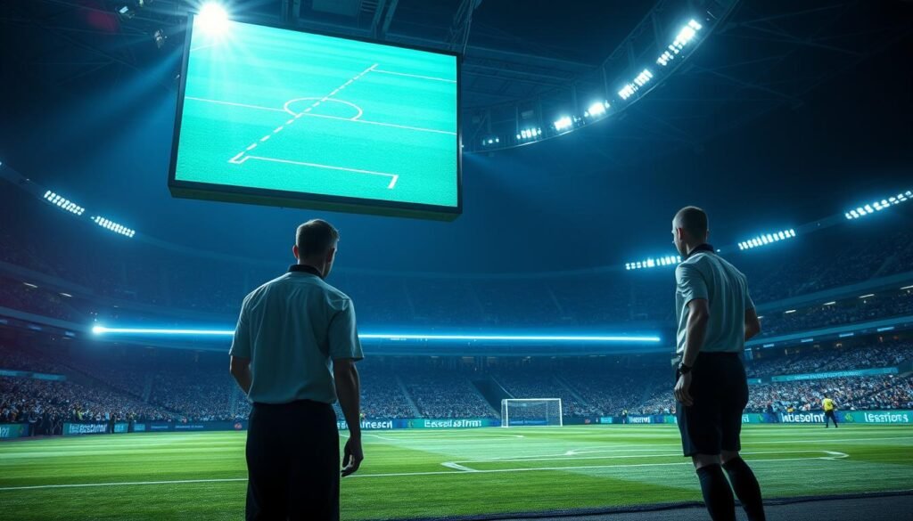 A high-tech football stadium at night, with a large video display board suspended above the pitch. The display shows a virtual offside line, drawn across the field with precise, glowing white lines. Referees intently study the display, analyzing a close play. The scene is illuminated by a combination of bright stadium lights and the pulsing, holographic glow of the VAR technology. The atmosphere is tense, with a sense of anticipation as the officials make a crucial decision. The overall visual style is hyper-realistic, with a cinematic, futuristic aesthetic.