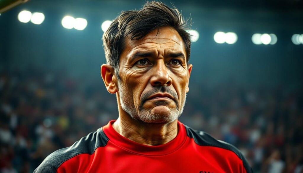 A seasoned Indonesian national team goalkeeper, standing tall and commanding the goalmouth, with a focused gaze and a steely determination etched on his weathered features. The bright stadium lights cast dramatic shadows, accentuating the rugged textures of his face and the intensity of his expression. In the background, a blurred crowd roars their support, the energy and passion of the match palpable. The scene captures the essence of the goalkeeper's experiences, both on the field and off, as he shares his unique perspective on the demands and challenges of the game.