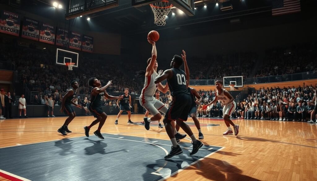 A basketball court during a heated match, the players locked in a tense game-winning moment. The court's surface gleams under intense overhead lighting, casting dramatic shadows that accentuate the players' movements. In the foreground, a striker in the midst of a shot, their body contorted with determination. Surrounding them, defenders dart and weave, creating a web of bodies and limbs. In the background, a sea of spectators, their faces a blur of excitement. The atmosphere is electric, the air thick with the thrill of competition. The camera captures this decisive moment, freezing time and heightening the drama of the scene.