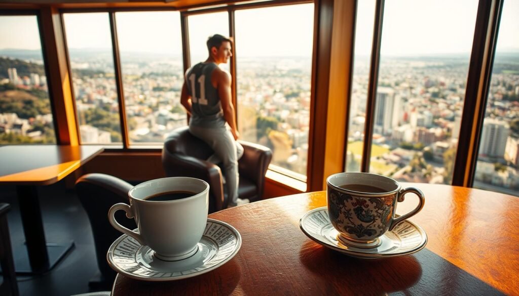 A cozy cafe nestled on a hilltop, overlooking a sprawling cityscape. Warm sunlight filters through large windows, casting a golden glow on the smooth wooden tabletops and plush leather armchairs. In the foreground, a mug of freshly brewed coffee sits atop an ornate ceramic saucer, its rich aroma mingling with the scent of freshly baked pastries. The middle ground features a contemplative athlete, dressed in casual sportswear, gazing thoughtfully out the window, deep in introspection. In the background, the bustling city skyline stretches out, a testament to the demands and responsibilities that come with being a professional athlete. The scene conveys a sense of tranquility and introspection, inviting the viewer to consider the delicate balance between the pursuit of athletic excellence and the need for personal reflection and self-care.