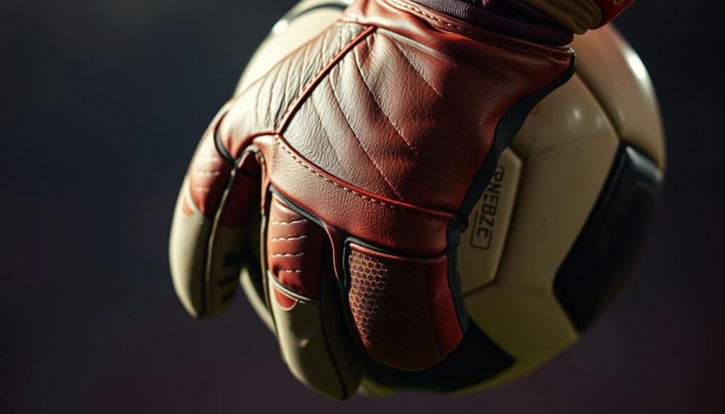 A detailed close-up image of a goalkeeper's gloved hand gripping a soccer ball, captured in sharp focus with dramatic lighting and a blurred background. The texture of the leather, the wrinkles of the glove, and the precise positioning of the fingers convey a sense of power and control. The image should evoke the physicality and intensity of the goalkeeper's role, highlighting the technical skills and concentration required to perform at the highest level.
