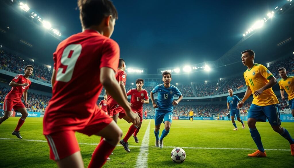 A detailed soccer match scene featuring the national under-17 teams of Indonesia and Brazil, captured with a wide-angle lens. The foreground depicts the players in dynamic poses, their jerseys clearly visible in vibrant colors. In the middle ground, the lush green pitch stretches out, with the stadium's grandstands and floodlights visible in the background, casting a warm, evening glow. The atmosphere exudes a sense of intense competition and high-stakes anticipation, reflecting the importance of the match.