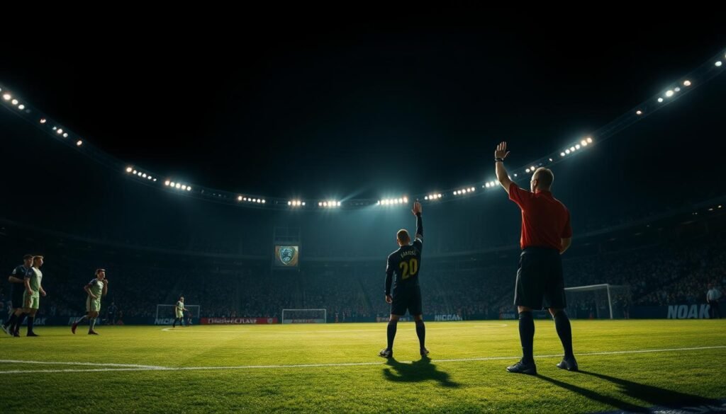 A dramatic soccer stadium at night, dimly lit by a single spotlight shining down on the pitch. The players are frozen in motion, their faces etched with tension as they await the final minutes of the match. In the foreground, the referee stands solemnly, hand raised, signaling the addition of extra time. The crowd holds its breath, the air thick with anticipation and the weight of an historic moment. Shadows stretch long across the field, adding depth and a sense of the profound. The image captures the raw emotion and high stakes of a legendary injury-time match, where every second counts.