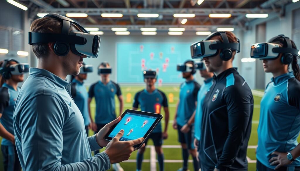 A futuristic virtual reality training session for football players, featuring a diverse group of athletes wearing sleek VR headsets and modern athletic attire, immersed in a digital field environment. In the foreground, a coach analyzes player movements on a digital tablet, showcasing tactical set-piece formations. The middle ground displays vivid holographic simulations of set-piece scenarios, with glowing markers indicating player positions. The background features a high-tech training facility, illuminated by dynamic LED lights, enhancing the intensity of the training atmosphere. The image captures a sense of innovation and teamwork, with an engaging, focused mood, shot from a slightly elevated angle to include all elements harmoniously. The overall composition should reflect the integration of technology and sports training, emphasizing the revolution of virtual reality in football coaching.