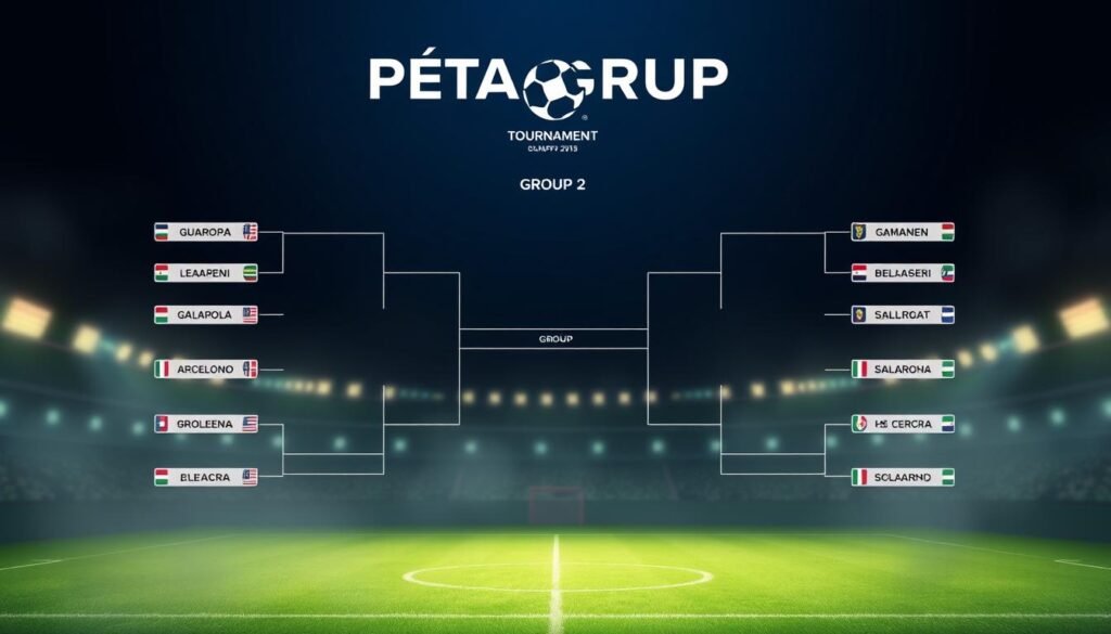 A high-resolution, detailed illustration of a tournament group stage bracket displaying the &amp;quot;Peta Grup&amp;quot; - the group stage matchups and standings for an important soccer/football competition. The bracket is shown against a muted, atmospheric background with subtle lighting, creating a sense of anticipation and intensity. The group names and team names are clearly visible, with the layout and design reflecting the gravity and importance of the event. The overall composition is visually striking, drawing the viewer's attention to the key details and information needed to understand the group stage scenario and potential pathways to advancement.