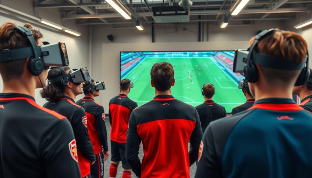 A high-tech virtual reality training session set in a realistic Arsenal FC training facility. In the foreground, a diverse group of players, dressed in professional training kits, are actively engaging with VR headsets that display tactical set-piece situations. In the middle ground, a large screen shows an animated simulation of a soccer field with set-piece formations and strategies being practiced. The background features high-tech training equipment and bright lights illuminating the space, creating a focused and intense atmosphere. The composition captures the players' concentration and teamwork, with a sense of modernity and innovation in sports training. The perspective is slightly angled from above, showcasing the dynamic interactions among the players and the advanced technology around them.