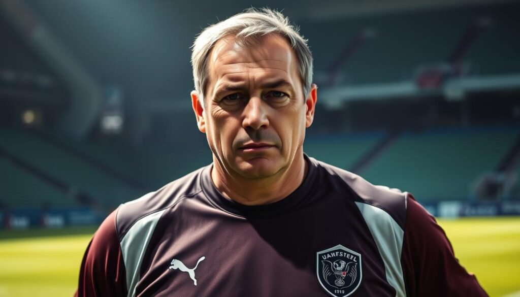 A middle-aged man in a soccer goalkeeper's uniform, standing with a confident and serious expression on a well-lit field. His gaze is focused, his stance wide and grounded. The background is blurred, with lush green grass and a hint of stadium seating visible. Dramatic side lighting casts deep shadows, accentuating the man's strong features and athletic build. The image conveys a sense of determination and the weight of his experiences as a former national team goalkeeper.