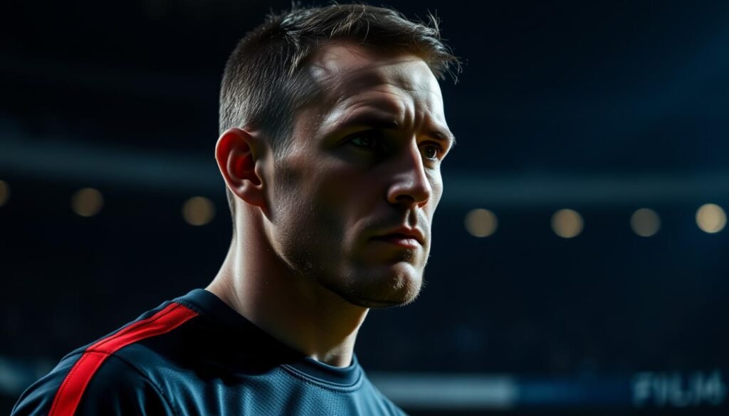 A pensive goalkeeper stands in a dimly lit stadium, his gaze fixed on the field. The light casts dramatic shadows, accentuating the tension and intensity of his expression. The background is blurred, drawing the viewer's focus to the keeper's face, which conveys a mix of determination and unease. The scene captures the personal experience and public perception of a national team goalkeeper, reflecting the duality of their role and the pressures they face on and off the pitch.