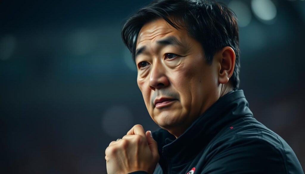 A portrait of Shin Tae-yong, the current head coach of the Indonesian national football team, in a thoughtful pose. Captured in a cinematic, medium close-up shot, the lighting is dramatic and highlights the intensity of his gaze. The background is slightly blurred, creating a sense of focus on the coach's face. His expression conveys a mixture of determination and contemplation, reflecting the challenges and responsibilities he faces in leading the Indonesian national team. The overall mood is one of seriousness and gravity, befitting the importance of his role in shaping the future of Indonesian football.