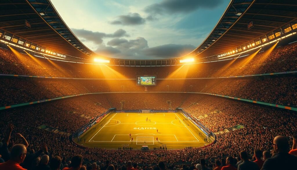 A stadium filled with passionate fans, the air electric with anticipation. In the center, a pitch bathed in warm, golden light, the players poised to compete for a coveted spot in the World Cup. Sweeping camera angles capture the tension and drama, showcasing the intense focus and determination on the faces of the athletes. Flags of competing nations flutter in the breeze, creating a vibrant, patriotic atmosphere. The scene exudes a sense of high stakes and the immense pressure of a global tournament, where every play could make or break a nation's dreams. Capture the essence of the World Cup qualification process - the thrill, the national pride, and the mental fortitude required to triumph on the world stage.