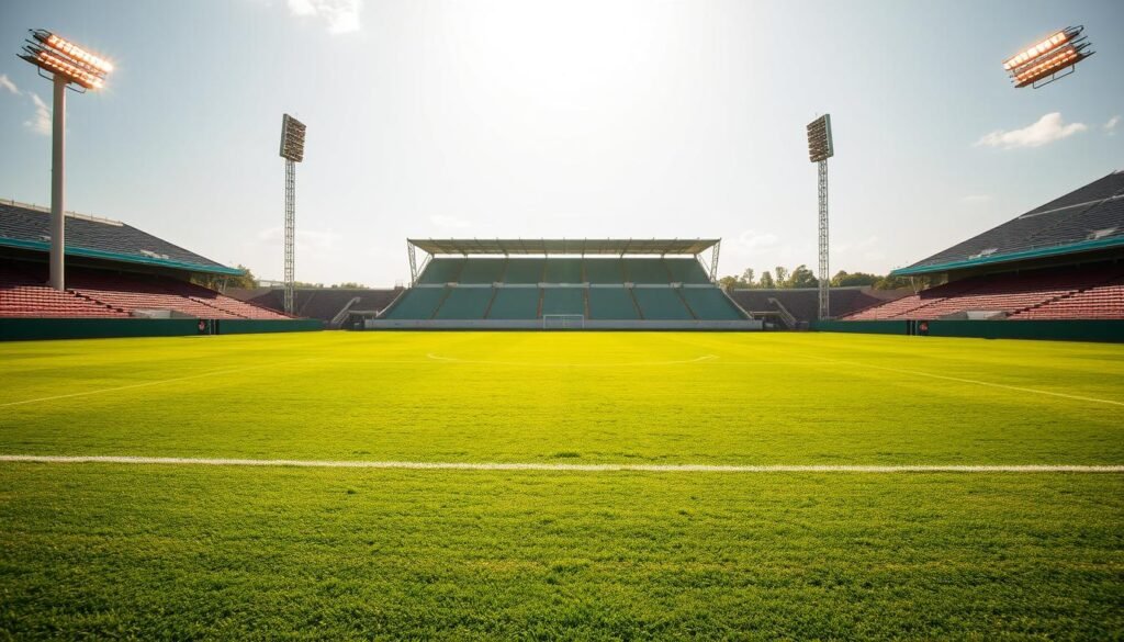A sun-dappled football pitch, its lush green turf meticulously groomed, stretches out before the viewer. Towering floodlight pylons stand sentinel at each corner, casting warm, golden illumination across the scene. In the distance, the faint outlines of stadium seating and spectator stands can be glimpsed, hinting at the grand scale of the venue. The perspective is slightly elevated, allowing the viewer to take in the full breadth of the playing field, with its crisp, clearly marked lines and well-tended sidelines. The overall atmosphere conveys a sense of anticipation and possibility, as if the stage is set for a pivotal moment in a sporting contest.