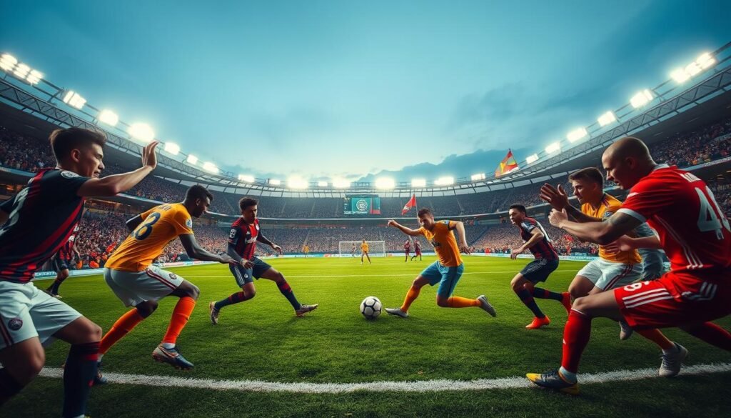 A thrilling scene of a European football derby, showcasing an intense match between two rival teams. In the foreground, players in vibrant team kits engage in a fierce battle for the ball, displaying dynamic movements and expressive facial expressions. The middle ground features a packed stadium with enthusiastic fans waving flags and wearing team colors, their faces filled with excitement. In the background, a clear sky transitions to dusk, illuminated by bright stadium lights casting a dramatic glow over the pitch. The atmosphere is electrifying, capturing the passion and anticipation of this much-awaited match. The angle is slightly elevated, giving a panoramic view that emphasizes the crowd's energy and the players' spirited conflict. The overall mood is one of high tension and excitement, embodying the essence of top-tier European football. A thrilling scene of a European football derby, showcasing an intense match between two rival teams. In the foreground, players in vibrant team kits engage in a fierce battle for the ball, displaying dynamic movements and expressive facial expressions. The middle ground features a packed stadium with enthusiastic fans waving flags and wearing team colors, their faces filled with excitement. In the background, a clear sky transitions to dusk, illuminated by bright stadium lights casting a dramatic glow over the pitch. The atmosphere is electrifying, capturing the passion and anticipation of this much-awaited match. The angle is slightly elevated, giving a panoramic view that emphasizes the crowd's energy and the players' spirited conflict. The overall mood is one of high tension and excitement, embodying the essence of top-tier European football.
