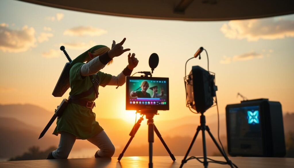 A vibrant and dynamic scene of Link, the iconic hero from The Legend of Zelda series, live streaming his latest adventure. The foreground features Link, clad in his signature green tunic and wielding his sword and shield, gesturing animatedly as he engages with his audience. The middle ground showcases the streaming setup, with a sleek gaming PC, a high-quality camera, and a professional-grade microphone, all framed by a minimalist yet stylish backdrop. The background subtly hints at the fantastical world of Hyrule, with a faint glow of the setting sun casting a warm, cinematic ambiance over the entire scene. The overall composition conveys a sense of excitement, energy, and a deep connection between the hero and his devoted fans.