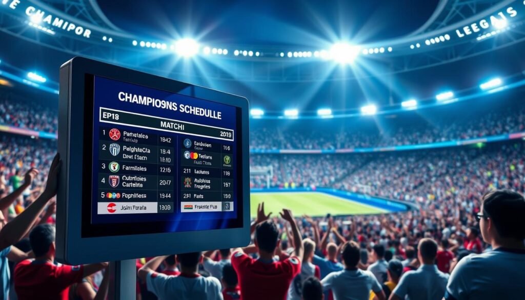 A vibrant sports calendar illustrating the "Champions League Match Schedule." In the foreground, a sleek, modern digital display showcases the match dates and teams competing, with clear graphics representing popular football clubs. The middle ground features fans in varied jerseys cheering, encapsulating the excitement and anticipation of the matches. The background includes a stylized football stadium filled with energetic supporters under bright stadium lights, creating an electrifying atmosphere. The scene is illuminated with dynamic lighting that captures the thrill of live sports events. The angle is slightly tilted upward, emphasizing the grandeur of the stadium and the passion of the fans. The mood is lively and enthusiastic, celebrating the spirit of football. No text or overlays present. A vibrant sports calendar illustrating the "Champions League Match Schedule." In the foreground, a sleek, modern digital display showcases the match dates and teams competing, with clear graphics representing popular football clubs. The middle ground features fans in varied jerseys cheering, encapsulating the excitement and anticipation of the matches. The background includes a stylized football stadium filled with energetic supporters under bright stadium lights, creating an electrifying atmosphere. The scene is illuminated with dynamic lighting that captures the thrill of live sports events. The angle is slightly tilted upward, emphasizing the grandeur of the stadium and the passion of the fans. The mood is lively and enthusiastic, celebrating the spirit of football. No text or overlays present.