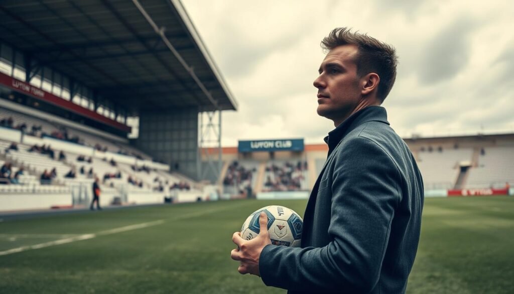 A Luton Town football player stands contemplatively in the foreground, dressed in a smart, modest casual outfit that reflects his club's colors. He is holding a football, gazing at a small, worn-out stadium, capturing the essence of a football career in a less glamorous setting. In the middle ground, the grass is slightly faded, and fans are seen in the distant bleachers, symbolizing the club's passionate yet modest following. The background features a cloudy sky, hinting at a typical British weather demeanor, with the modest club's sign subtly displayed on the stadium entrance. The scene is illuminated by soft, diffused daylight, creating a reflective and somewhat melancholic atmosphere, highlighting the challenges faced by players at smaller clubs. The angle is slightly low, empowering the subject against the backdrop of the stadium but maintaining a human touch. A Luton Town football player stands contemplatively in the foreground, dressed in a smart, modest casual outfit that reflects his club's colors. He is holding a football, gazing at a small, worn-out stadium, capturing the essence of a football career in a less glamorous setting. In the middle ground, the grass is slightly faded, and fans are seen in the distant bleachers, symbolizing the club's passionate yet modest following. The background features a cloudy sky, hinting at a typical British weather demeanor, with the modest club's sign subtly displayed on the stadium entrance. The scene is illuminated by soft, diffused daylight, creating a reflective and somewhat melancholic atmosphere, highlighting the challenges faced by players at smaller clubs. The angle is slightly low, empowering the subject against the backdrop of the stadium but maintaining a human touch.