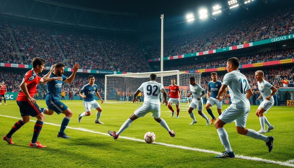 A chaotic football scene showing a corner kick mishap on a lush green pitch. In the foreground, a diverse group of players wearing professional sports uniforms are in various poses; one player awkwardly striking the ball while another looks confused, signaling miscommunication. In the middle ground, a goalpost stands tall, net slightly swaying, with a group of defenders caught off-guard. The background features a vibrant stadium filled with cheering fans, colorful banners fluttering in the breeze under bright stadium lights, creating a dramatic atmosphere. The angle captures the intensity from the side, emphasizing the movement and energy of the moment.