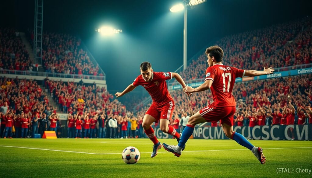 A dramatic football moment captured in action: a packed stadium, filled with excited fans wearing vibrant team colors, tightly focused on the pitch. In the foreground, two players engage in an intense struggle for the ball, their expressions showcasing determination and passion. One player, dressed in a bright red jersey, tries to evade a defender in blue, both showing dynamic motion as they sprint across the grass. The epic clash is illuminated by warm stadium lights casting long shadows on the field. In the background, the goalposts stand tall, partially obscured by the roaring crowd raising their arms in anticipation. The atmosphere is electric, filled with tension and emotion, embodying the spirit of thrilling football matches that shake the world.