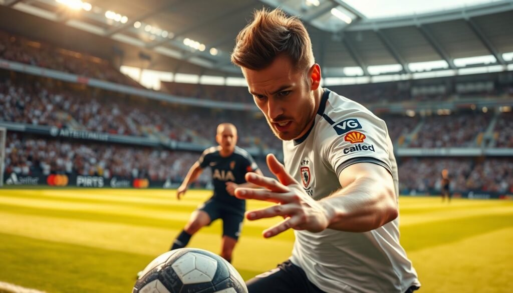 A dynamic scene featuring a close-up of a professional footballer resembling Harry Kane, showcasing his technique of shielding the ball. The foreground highlights his strong, athletic stance as he skillfully protects the ball from an unseen defender. His focused expression reveals determination and confidence. The middle ground includes a blurry defender attempting to challenge him, emphasizing Kane's effectiveness in maintaining control. In the background, a lively stadium filled with cheering fans, bathed in warm, natural sunlight, provides an atmosphere of excitement and anticipation. Use a slightly low angle to convey the intensity of the moment, with a wide lens capturing the action. The overall mood should be motivational and inspiring, reflecting the essence of mastering football techniques.
