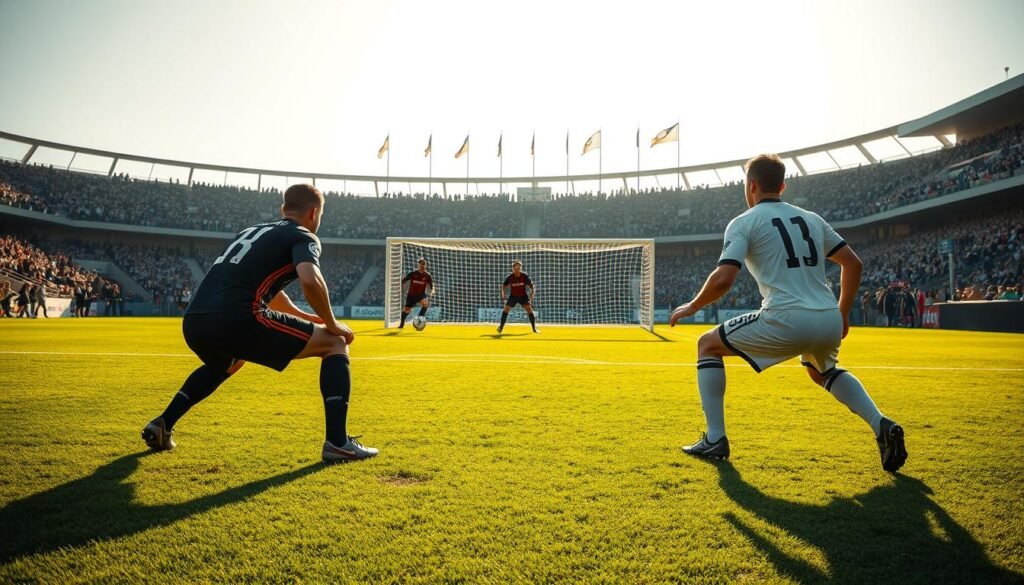 A soccer scene depicting a tactical corner kick situation on a vibrant green pitch. In the foreground, two players in professional sports attire crouch ready for the kick, showcasing precise body positioning and focus. The middle area captures a goalkeeper positioning himself defensively while teammates form a strategic wall. In the background, an enthusiastic crowd stands in a stadium with flags waving, enhancing the atmosphere. Dramatic late afternoon lighting casts long shadows on the field, highlighting the players' determination. The camera angle is low and slightly angled up, giving an immersive perspective of the action. The mood is tense and anticipatory, emphasizing the importance of this critical play in the game.