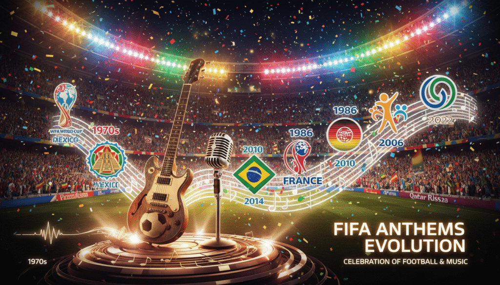 A vibrant and dynamic collage illustrating the evolution of FIFA theme songs through the years. In the foreground, include iconic musical instruments like a guitar and a microphone, symbolizing the celebratory nature of football music. In the middle ground, display notable FIFA World Cup logos from different years, artistically arranged to show progression over time. The background should feature a packed stadium with colorful lights and fans waving flags, creating an electric atmosphere. Use dramatic lighting to highlight the instruments and logos, creating a sense of nostalgia and excitement. The perspective should be slightly angled upward to emphasize the grandeur of the event. Capture a feeling of anticipation and unity as football fans celebrate their love for the game through music.