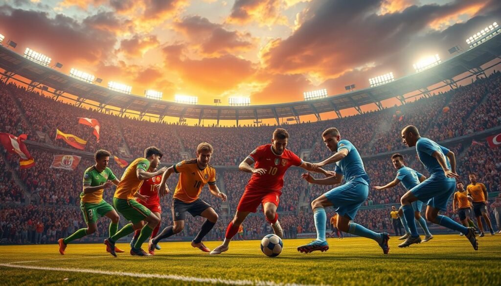 A vibrant scene depicting the dramatic elements of modern football, capturing the tension of a thrilling match. In the foreground, a diverse group of players in colorful jerseys passionately competing for the ball, their expressions filled with determination and intensity. The middle ground features a packed stadium, fans erupting in excitement with flags waving and passionate cheers, highlighting the communal thrill of the game. The background showcases a dramatic sunset casting a golden hue over the playing field, with stadium lights starting to illuminate the scene. The atmosphere is electric, with an emphasis on emotion and suspense, showcasing the essence of drama in football. The image should have vivid colors, emphasizing the players’ movements and the crowd's energy, while maintaining a dynamic perspective as if captured from a slightly low angle to enhance the action.