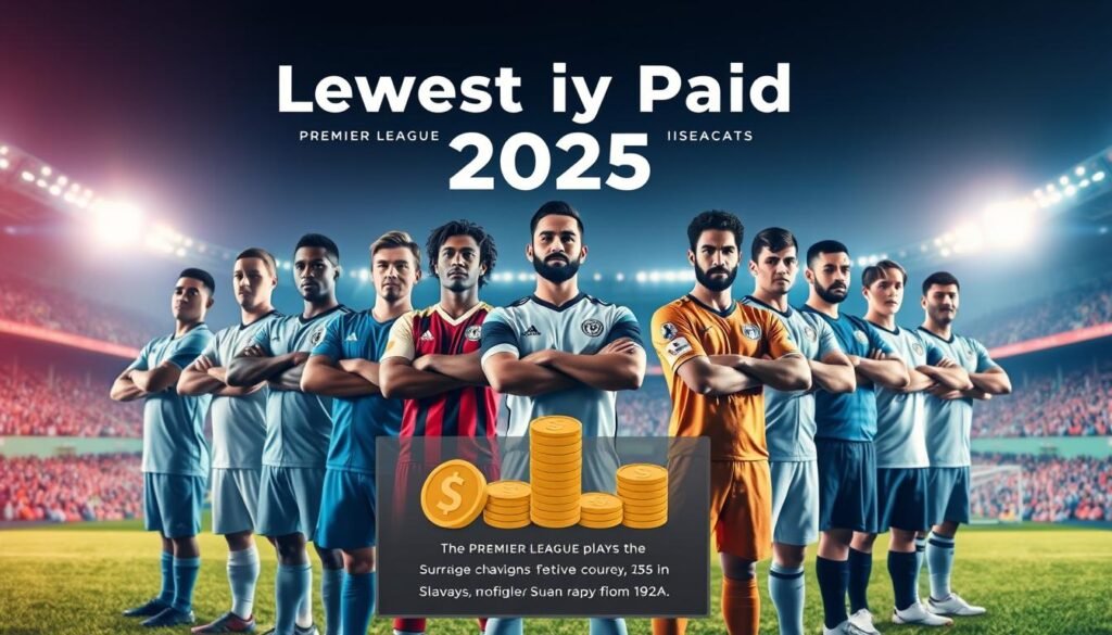 A visually compelling infographic depicting a lineup of the lowest-paid Premier League players in 2025. In the foreground, showcase figures of diverse football players in professional athletic attire, standing confidently with their arms crossed. Each player should have distinct features, representing various ethnic backgrounds. In the middle ground, include stylish icons or symbols that represent money, such as coins or dollar bills, subtly suggesting their salaries without being overt. In the background, portray a vibrant football stadium under bright stadium lights, evoking a lively match atmosphere. The scene should have a warm, engaging color palette with soft shadows to create a sense of depth and positivity, emphasizing the surprising financial dynamics of smaller clubs. A visually compelling infographic depicting a lineup of the lowest-paid Premier League players in 2025. In the foreground, showcase figures of diverse football players in professional athletic attire, standing confidently with their arms crossed. Each player should have distinct features, representing various ethnic backgrounds. In the middle ground, include stylish icons or symbols that represent money, such as coins or dollar bills, subtly suggesting their salaries without being overt. In the background, portray a vibrant football stadium under bright stadium lights, evoking a lively match atmosphere. The scene should have a warm, engaging color palette with soft shadows to create a sense of depth and positivity, emphasizing the surprising financial dynamics of smaller clubs.
