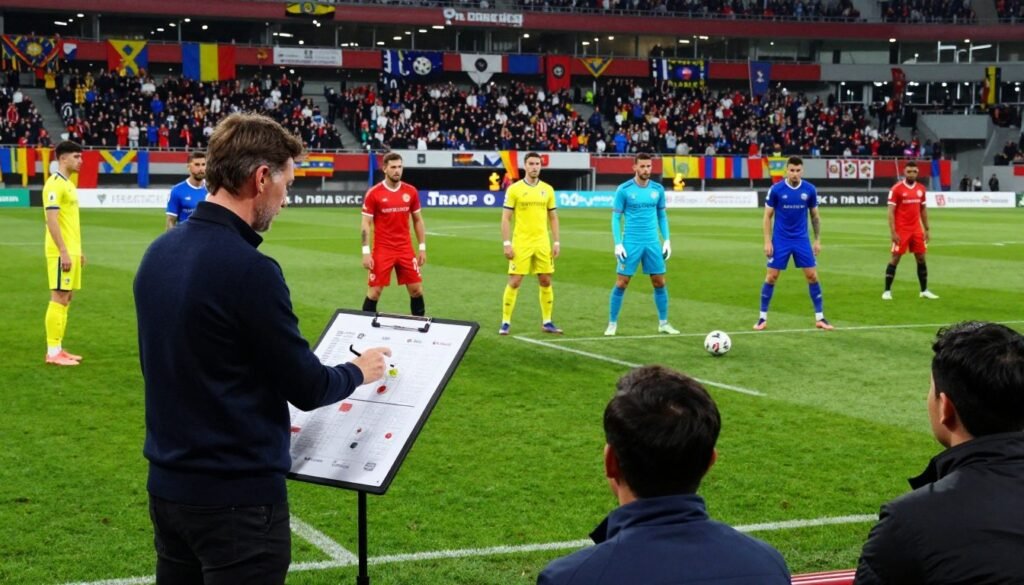 A dynamic analysis scene of a football set-piece situation during a match. In the foreground, a professional coach in smart casual attire is using a tactical board to explain strategies to attentive players. The middle ground features several players in vibrant football kits, strategically positioned on the pitch, ready for a corner kick. The background showcases a well-maintained football field with a cheering crowd in a stadium filled with colorful banners and flags, creating an energetic atmosphere. Dramatic lighting captures the intensity of the moment, highlighting the players' focused expressions. The angle is slightly elevated, offering a comprehensive view of the tactical setup while conveying the importance of set-piece analysis in football. The scene evokes a sense of anticipation and strategic planning that is essential in the game.