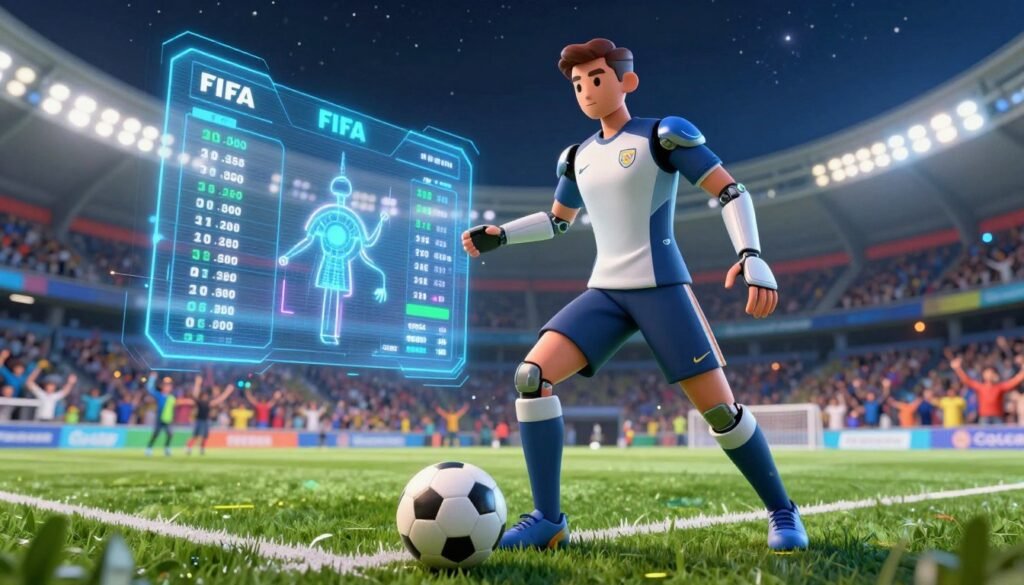 A futuristic 3D avatar of a soccer player stands confidently in the foreground, showcasing a sleek, modern design with advanced athletic gear that highlights AI technology. The character is in an athletic pose, showcasing agility, capturing the essence of a skilled player utilizing semi-automated offside technology. In the middle ground, a holographic display illustrates dynamic statistics and tracking data, representing the cutting-edge AI systems of FIFA. The background features a digitally rendered soccer stadium filled with cheering fans, enhanced with vibrant lighting and a night sky filled with stars. The mood is energetic and inspiring, reflecting a bright future for soccer technology. Use a wide-angle lens to create depth and an immersive scene that draws the viewer into the vibrant football world.