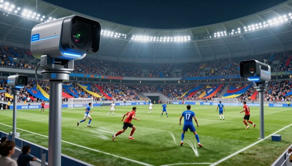 A futuristic camera network prominently displayed in a vibrant football stadium, showcasing advanced technology for tracking player positions during a match. In the foreground, sleek, high-tech cameras are mounted on masts, their lenses glinting under bright stadium lights. In the middle ground, players in professional sports attire are captured in dynamic poses, with motion lines suggesting rapid movement. The background features a packed stadium filled with enthusiastic fans, with colorful banners waving. The mood is energetic and high-stakes, evoking the excitement of a live football game. A cool color palette enhances the technological theme, with shades of blue and silver predominating. Ensure an aerial perspective to showcase the full extent of the camera network and the action below.